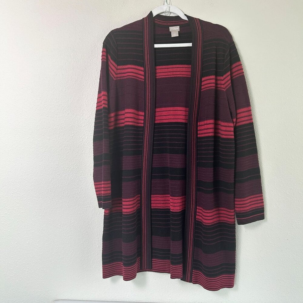 Chicos Cardigan Sweater Size L 2 Red Black Striped Long Open Duster Long Sleeves